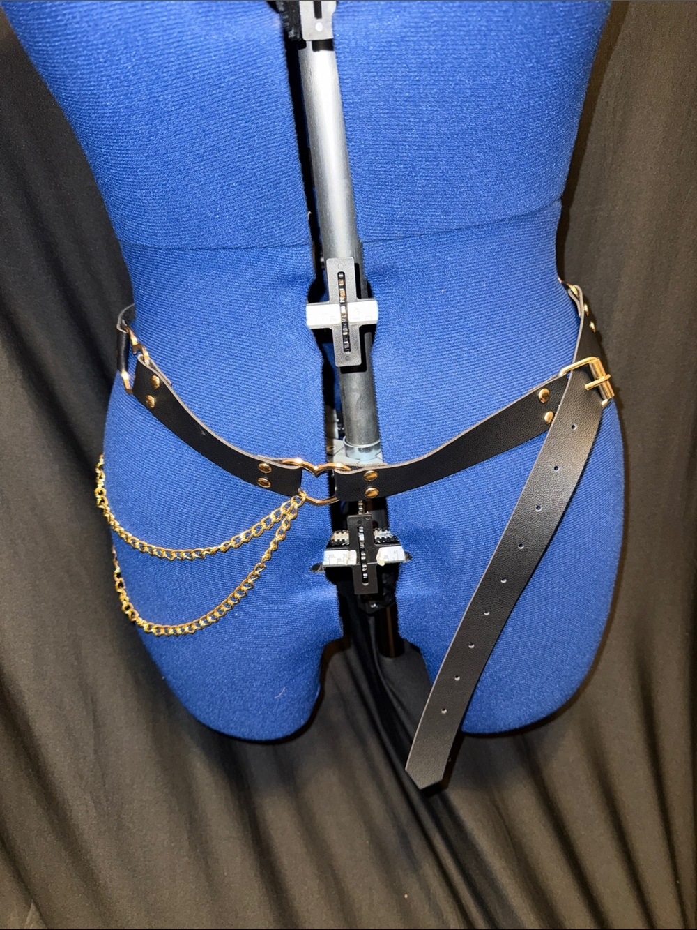 Black Faux Leather Hip Chain Belt with Gold Chains and Gold Heart metal